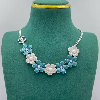 Chanel Blue Silver Floral Bib Enamel And Crystal Embellished Necklace