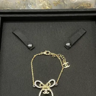 Chanel Bow Crystal Pendant Gold-Tone Chain Bracelet
