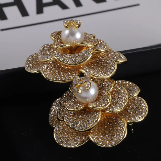 Chanel Camellia Broche Pavé-Crystal Pérola-Centro Metal Múltiplos Tons Broches 2