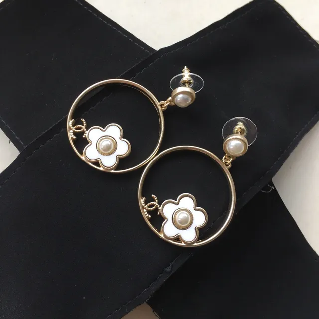 Chanel Camellia Flower Hoop Gold White Enamel Earrings 3