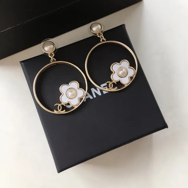 Chanel Camellia Flower Hoop Gold White Enamel Earrings 4
