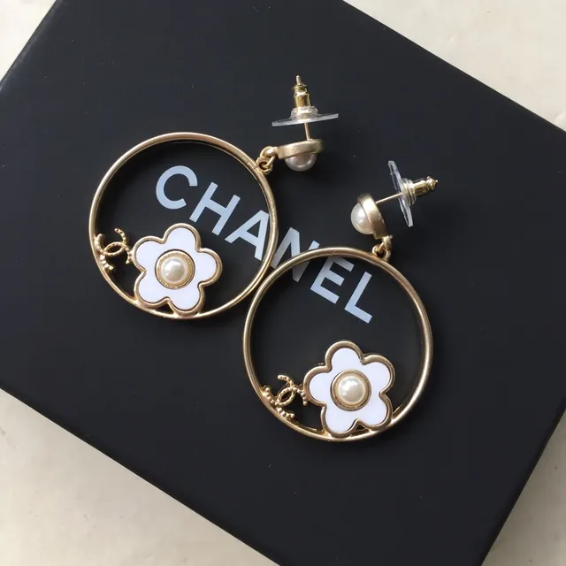 Chanel Camellia Flower Hoop Gold White Enamel Earrings 5