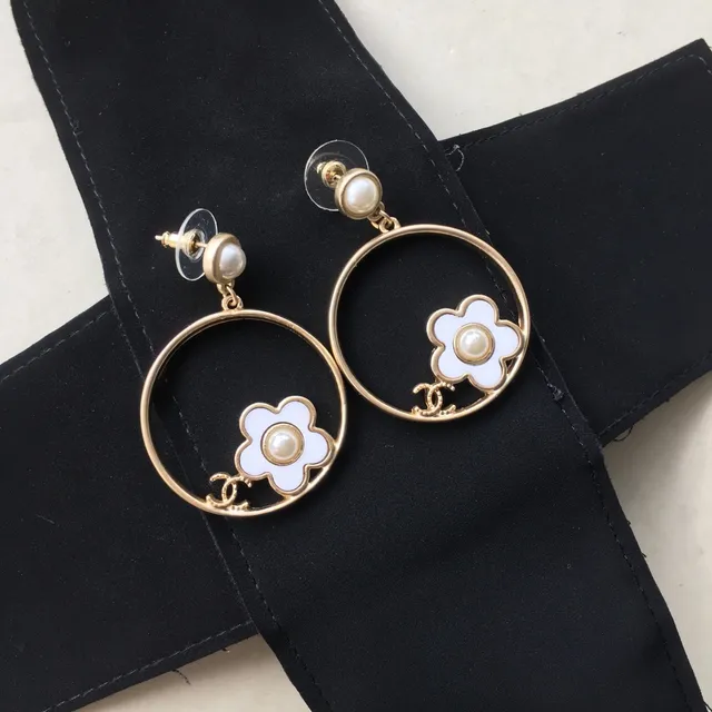 Chanel Camellia Flower Hoop Gold White Enamel Earrings 6