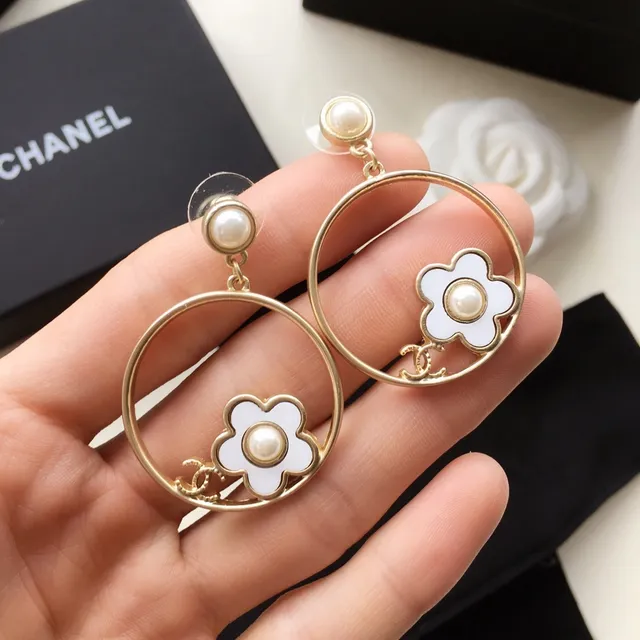 Chanel Camellia Flower Hoop Gold White Enamel Earrings 8