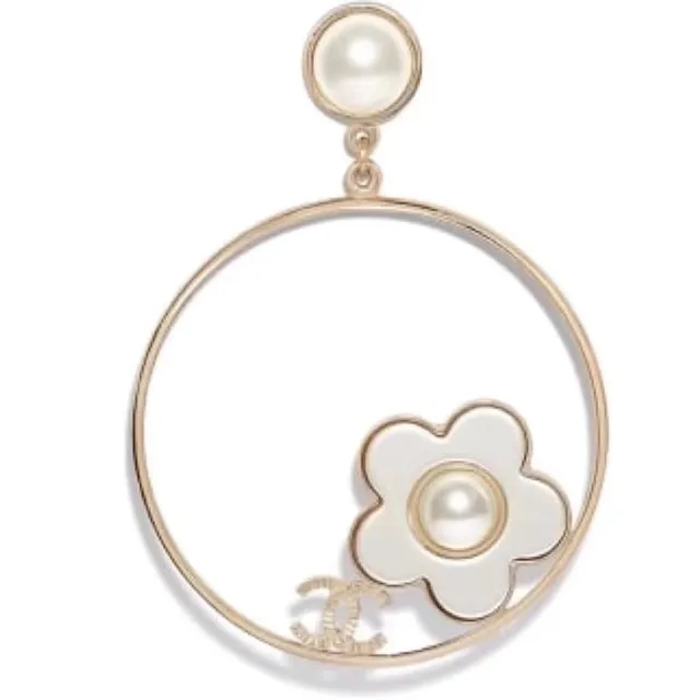 Chanel Camellia Flower Hoop Gold White Enamel Earrings 9