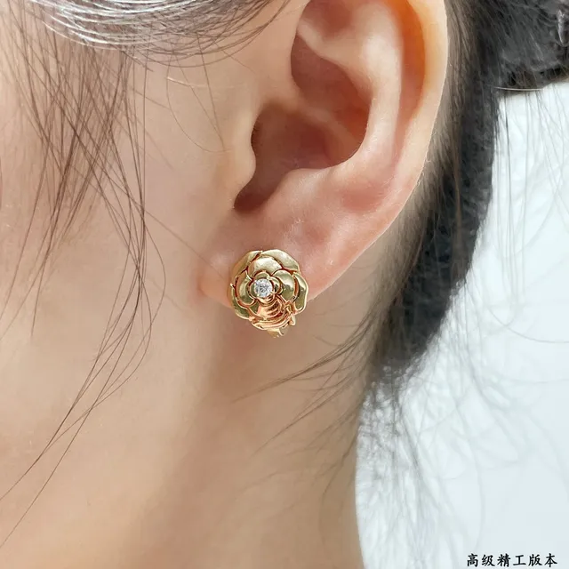 Chanel Camellia Gold Silver Flower Motif Central Crystal Accent Ring 8