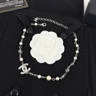 Chanel Camellia Necklace White Silver Pearl And Crystal Beaded Chain Pavé CC Logo Charm Necklace