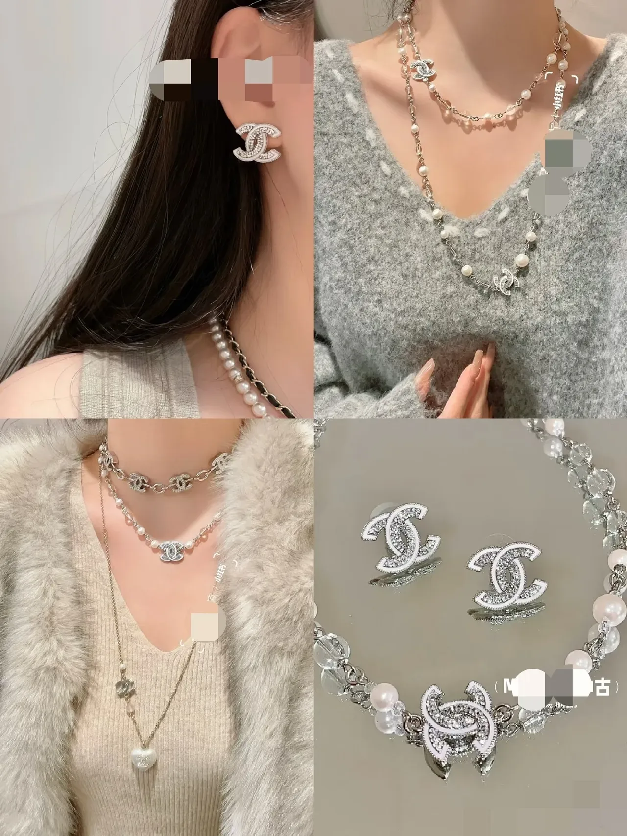 Chanel Camélia Collier Blanc Argent Perle et Cristal Chaîne de Perles Pavé CC Logo Charm 6