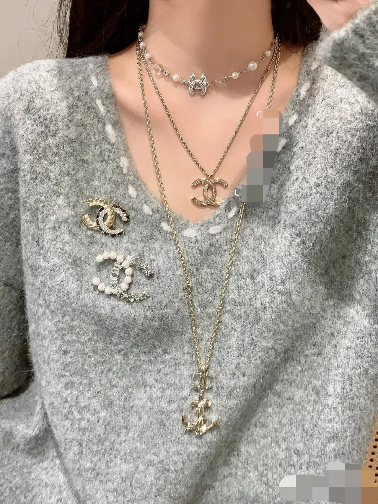 Chanel Camélia Collier Blanc Argent Perle et Cristal Chaîne de Perles Pavé CC Logo Charm 7