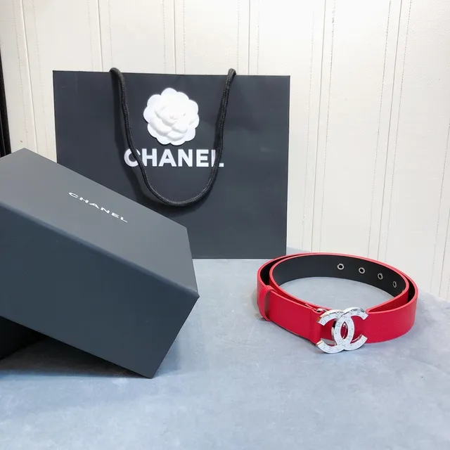 Chanel CC Belt लाल काला टेक्सचर्ड Silver-Tone Buckle लेदर बेल्ट 2