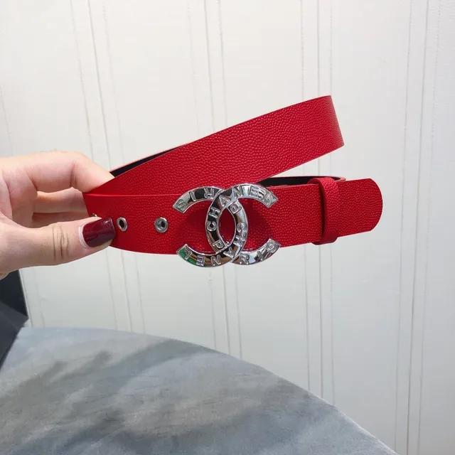 Chanel CC Belt लाल काला टेक्सचर्ड Silver-Tone Buckle लेदर बेल्ट 3
