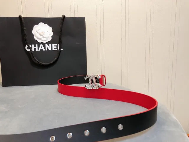 Chanel CC Belt लाल काला टेक्सचर्ड Silver-Tone Buckle लेदर बेल्ट 5