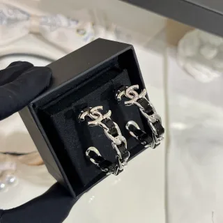 Chanel CC Chain Black Silver Logo Earrings