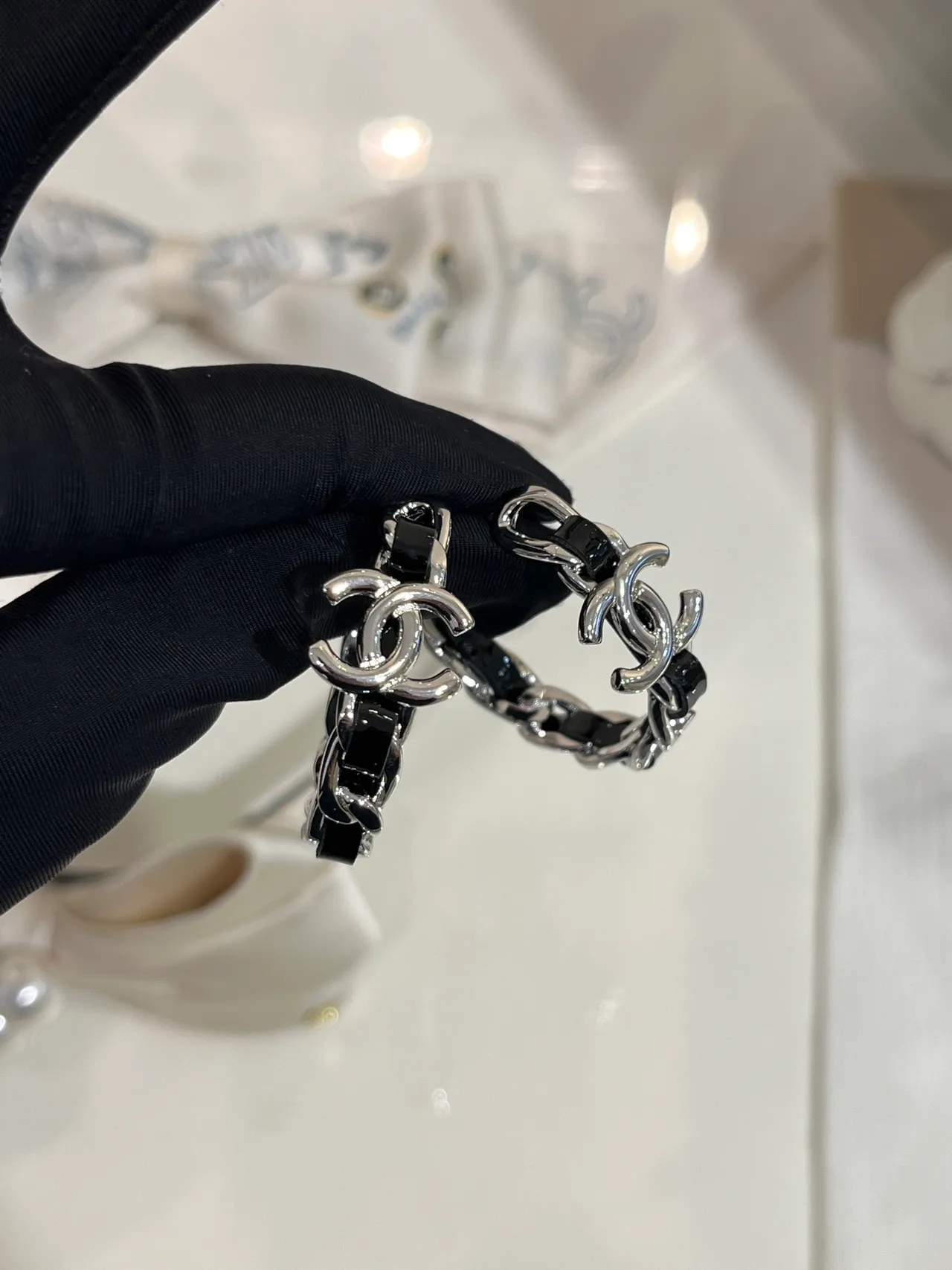 Chanel CC Chain Black Silver Logo Earrings 5