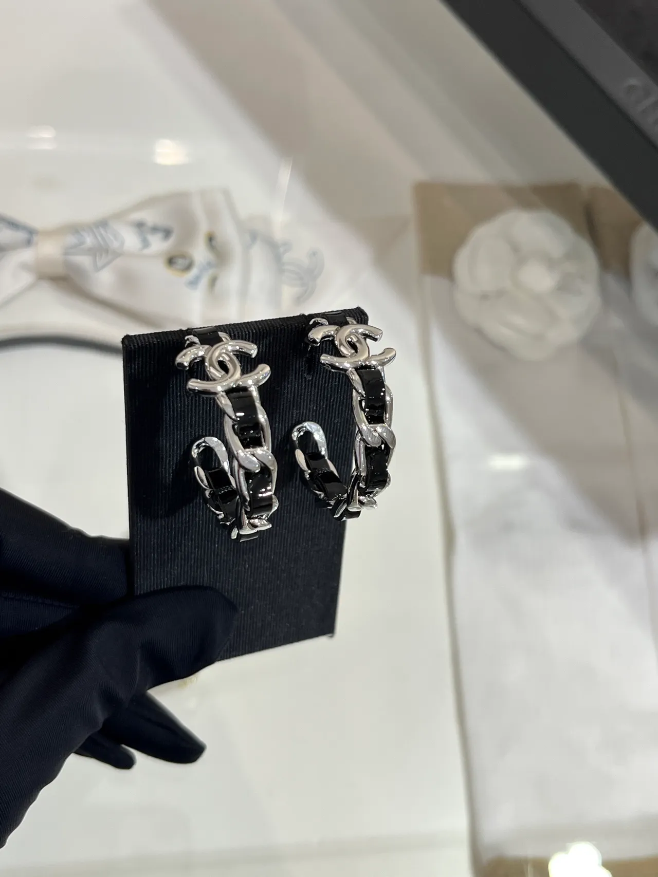 Chanel CC Chain Black Silver Logo Earrings 6