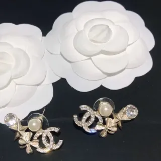 Chanel CC Logo Camellia Earring Silver White Interlocking Pavé Crystal Detailing Earrings