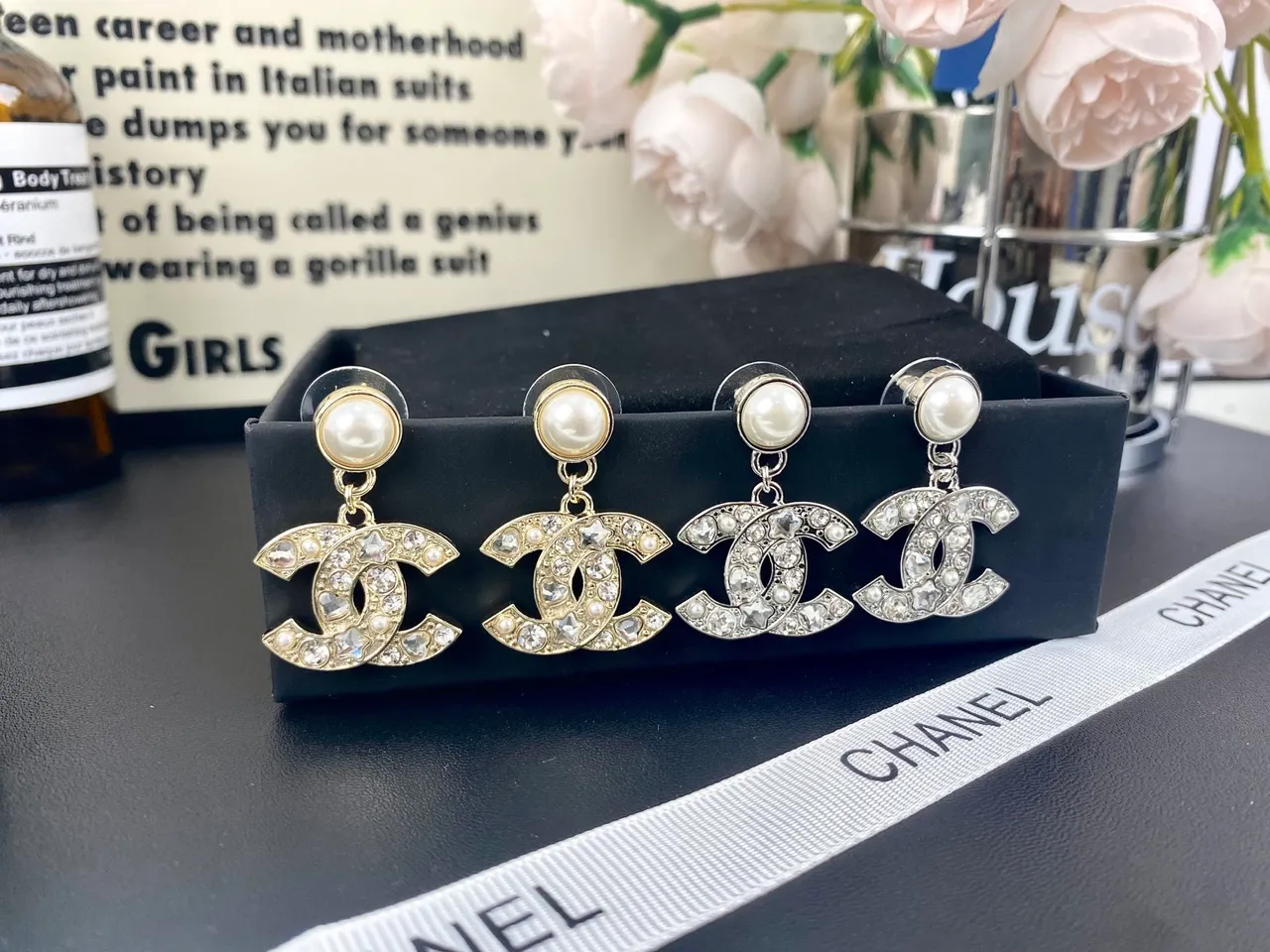 Chanel CC Logo Pearl and Crystal Drop Earrings 7