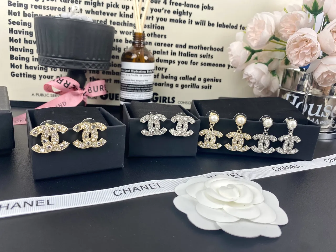 Chanel CC Logo Pearl and Crystal Drop Earrings 11