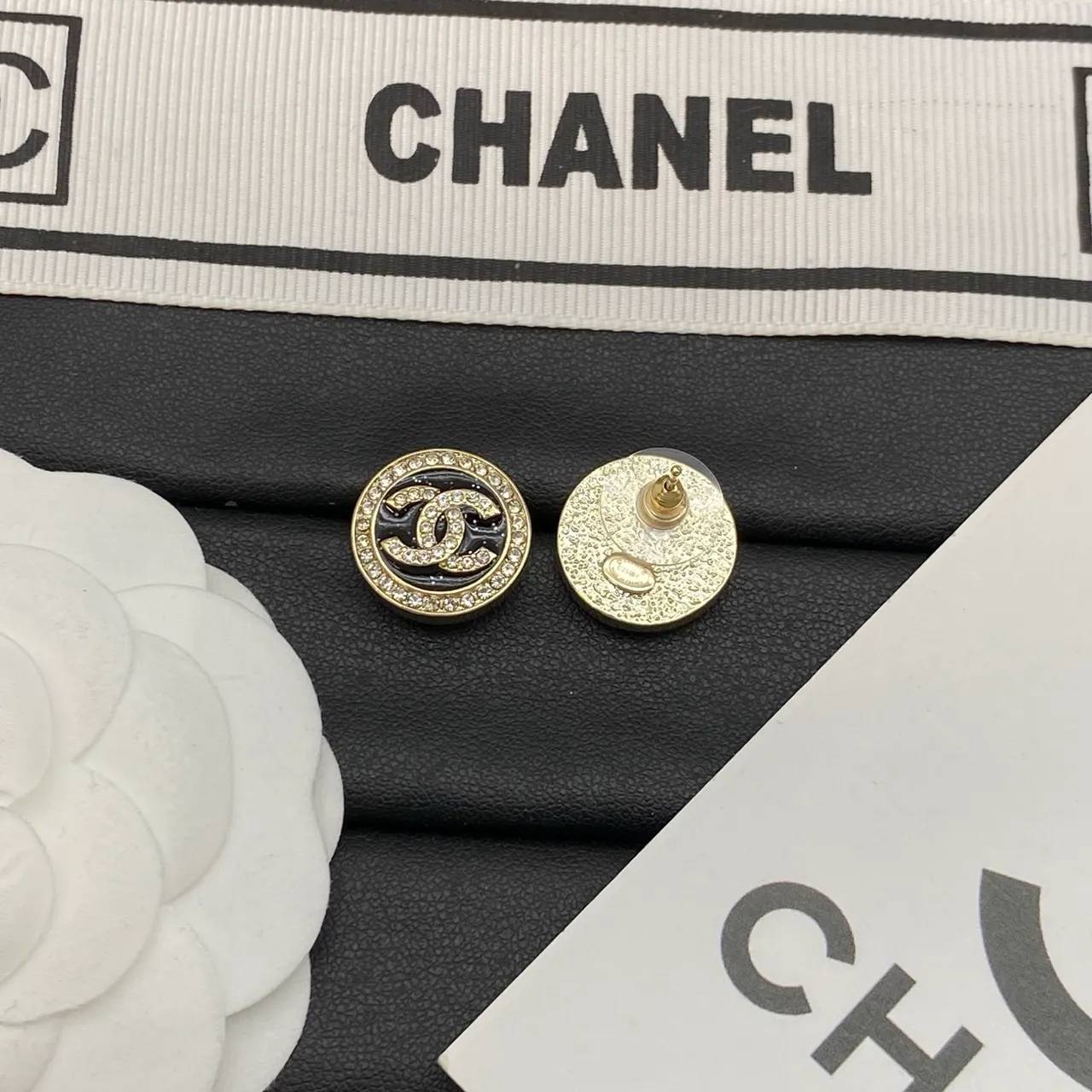 Chanel CC Logo Stud Black Gold Circular Enamel Earrings 2