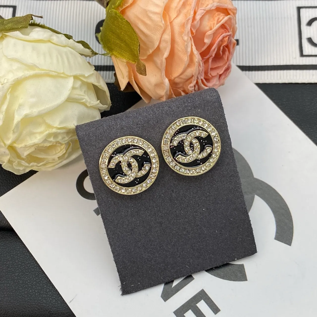 Chanel CC Logo Stud Black Gold Circular Enamel Earrings 3