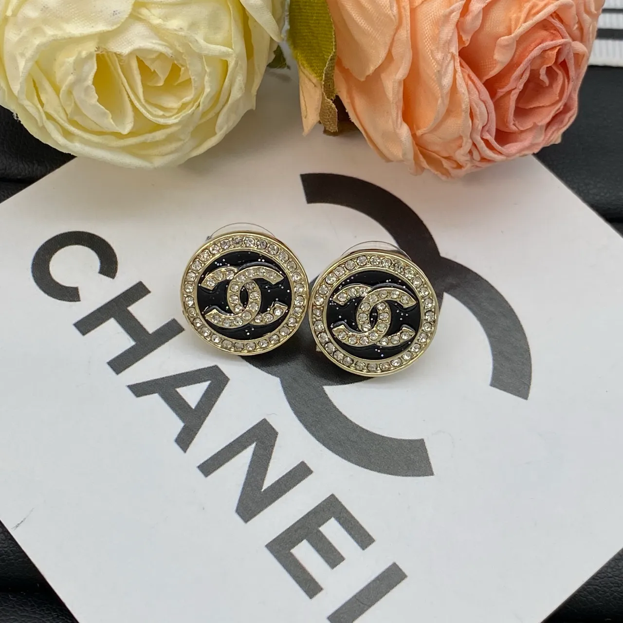 Chanel CC Logo Stud Black Gold Circular Enamel Earrings 4