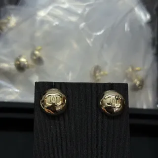 Chanel CC Logo Stud Gold Black Round Domed Earrings