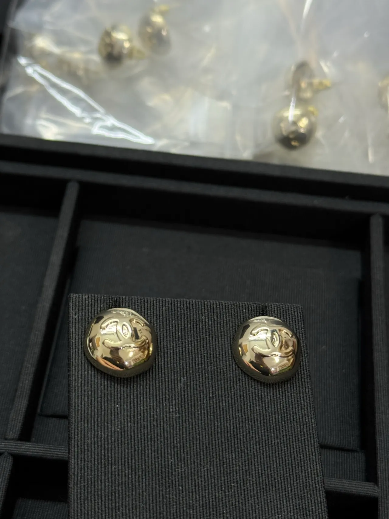 Chanel CC Logo Stud Gold Black Round Domed Earrings 4