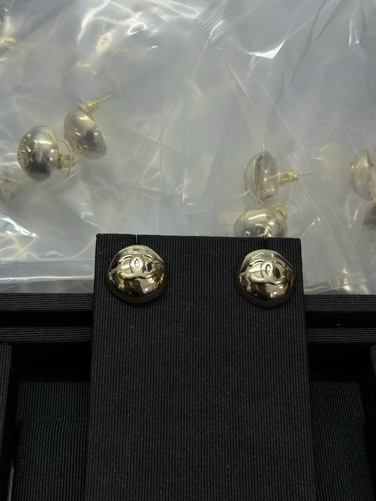 Chanel CC Logo Stud Gold Black Round Domed Earrings 6