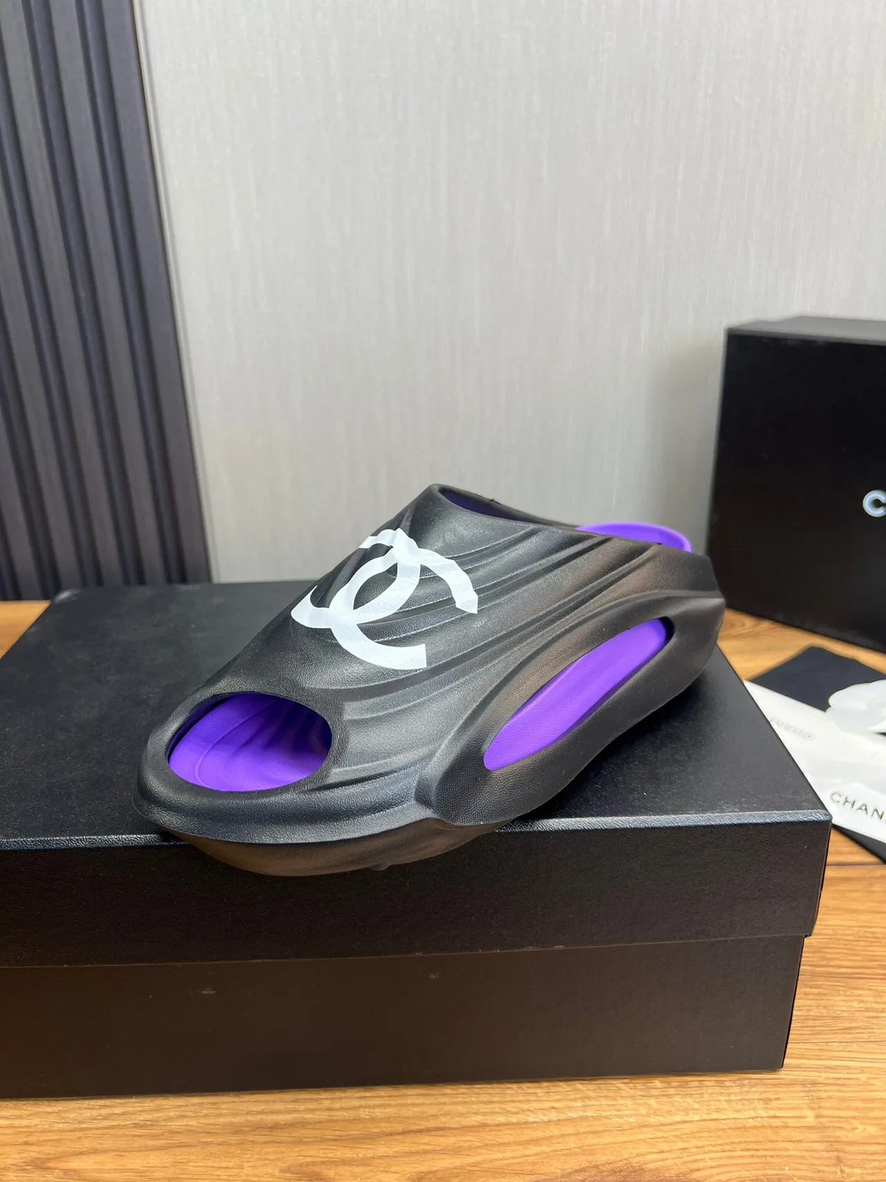 Chanel CC Slide Black and Purple Slippers 2