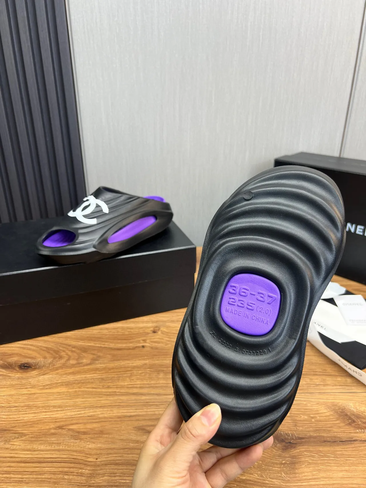Chanel CC Slide Black and Purple Slippers 9
