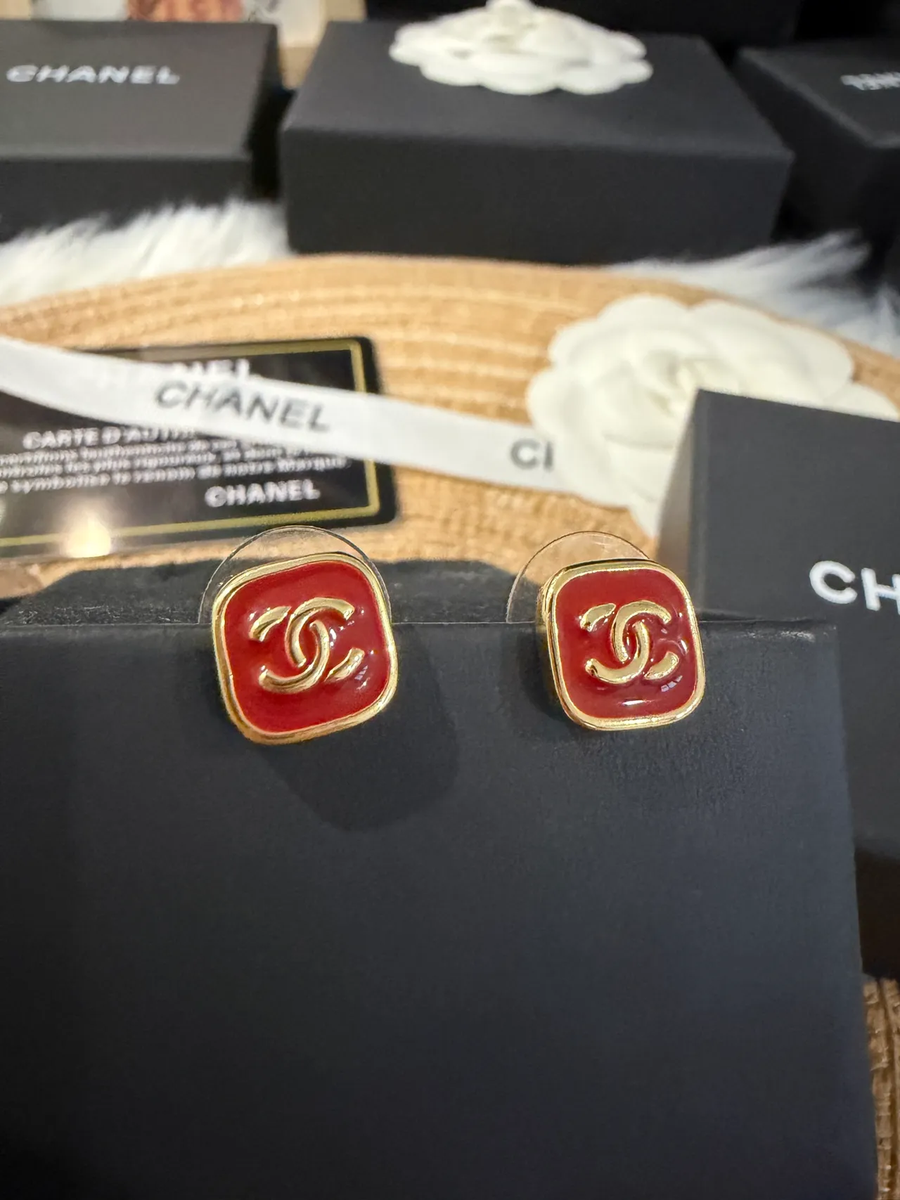 Chanel CC Square Red Enamel Gold-Tone Stud Earrings 3
