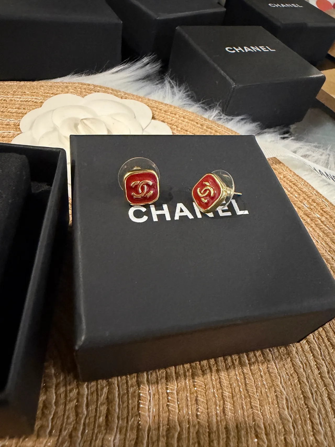 Chanel CC Square Red Enamel Gold-Tone Stud Earrings 4