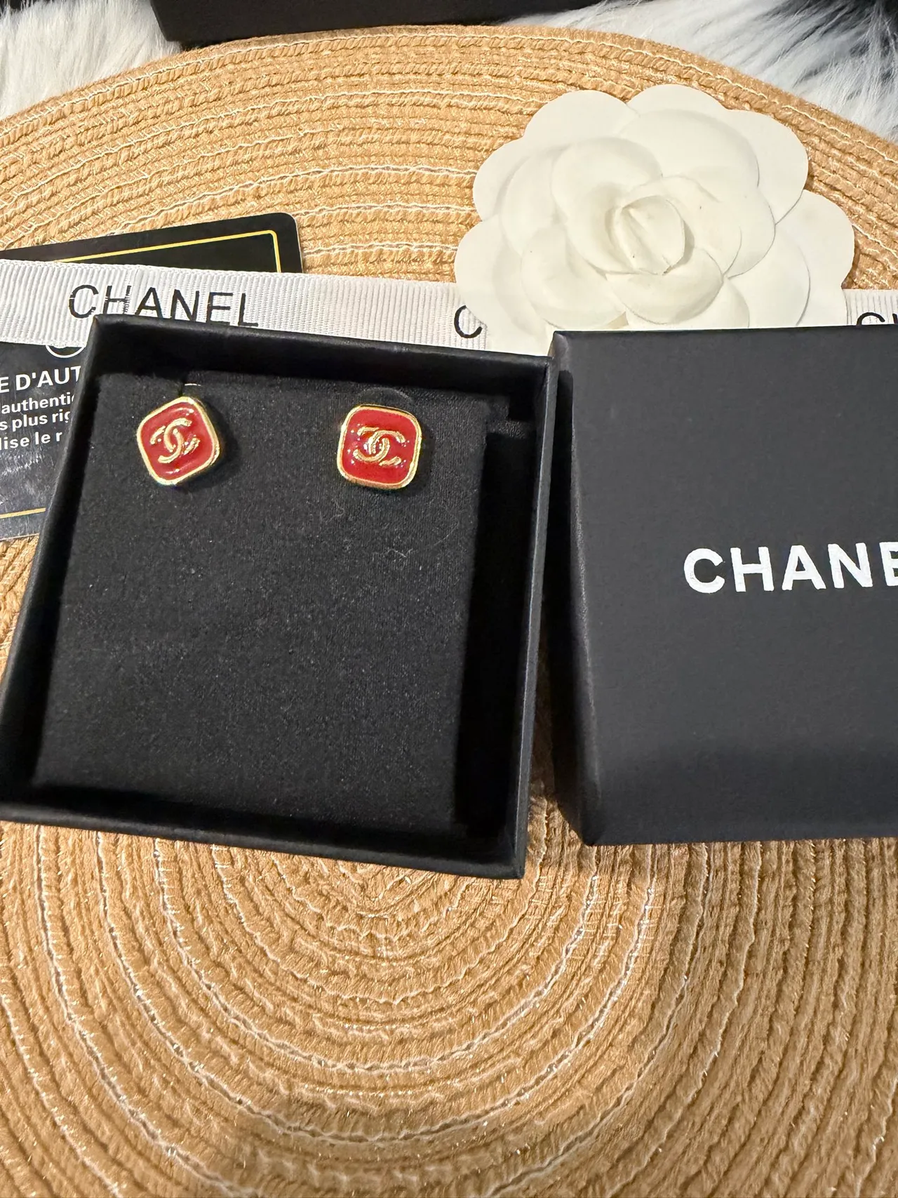 Chanel CC Square Red Enamel Gold-Tone Stud Earrings 6