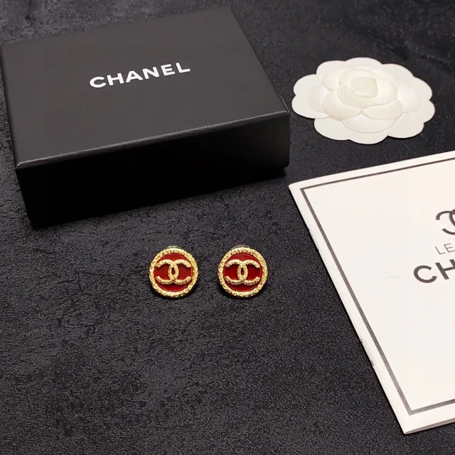 Chanel CC Stud Red Gold Circular Enamel Center Earrings 2