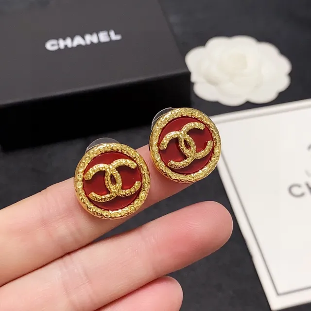 Chanel CC Stud Red Gold Circular Enamel Center Earrings 3