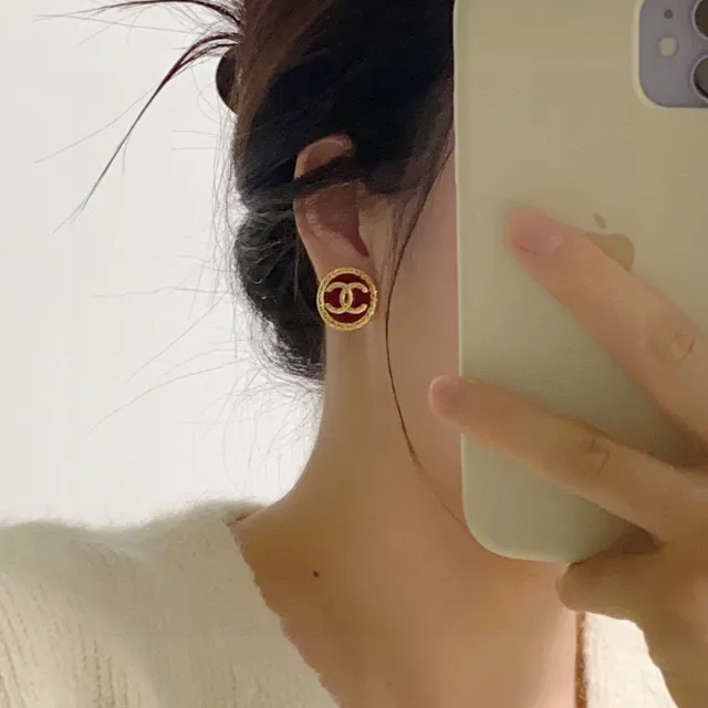 Chanel CC Stud Red Gold Circular Enamel Center Earrings 7
