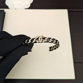 Chanel Chain Cuff Black Gold Leather-Wrapped Links Bracelet