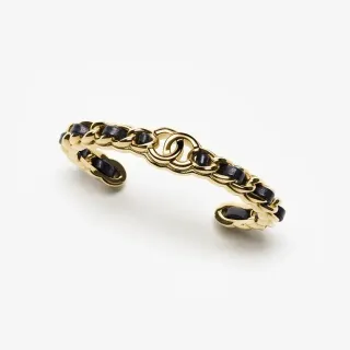 Chanel Classic Chain Cuff Gold and Black Leather Bracelet