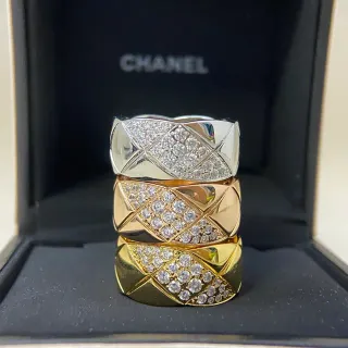 Chanel Coco Crush Quilted Pavé Diamond Wide Band Rings