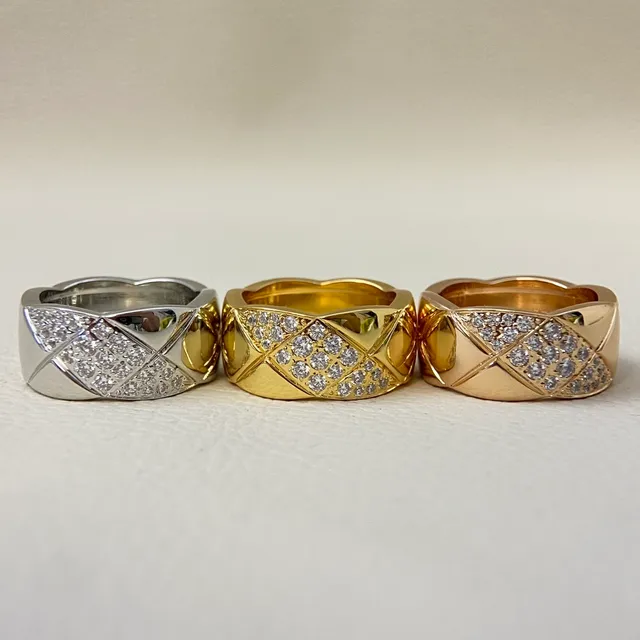 Chanel Coco Crush Quilted Pavé Diamond Wide Band Rings 2