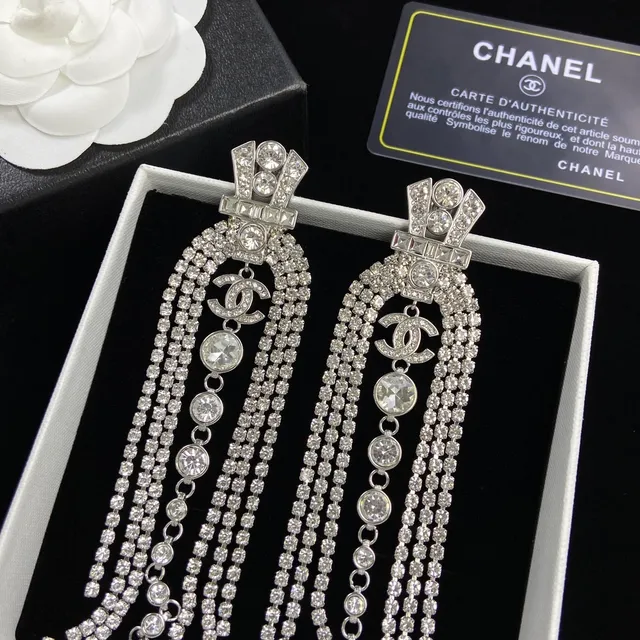 Chanel Crystal Fringe CC Logo Dangling Earrings 4