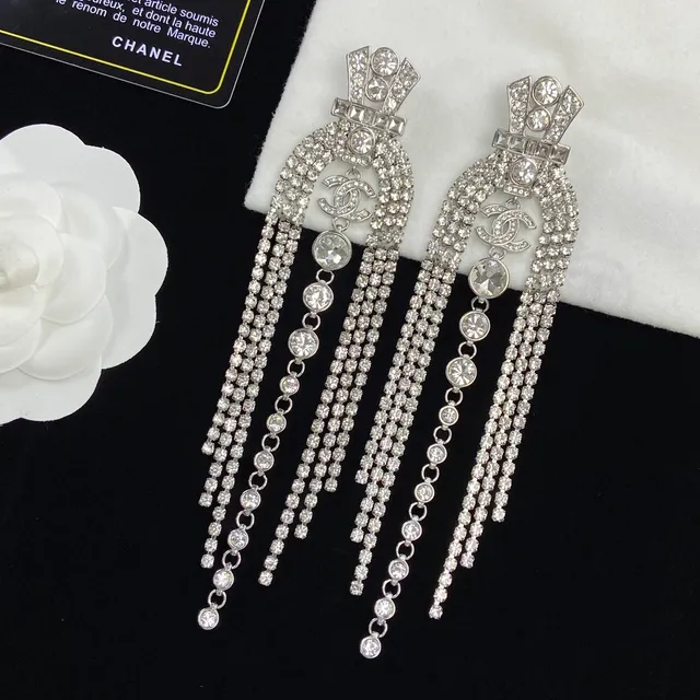 Chanel Crystal Fringe CC Logo Dangling Earrings 5