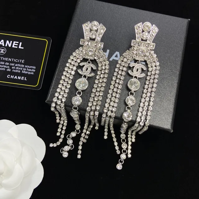 Chanel Crystal Fringe CC Logo Dangling Earrings 6