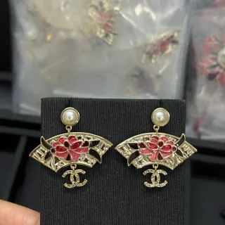Chanel Fan-Shaped Enamel Red Floral Pearl-Top Earrings