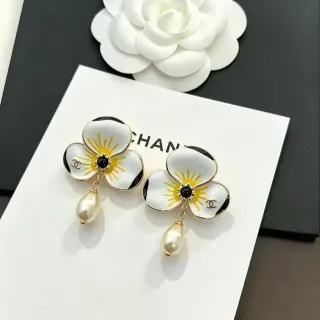 Chanel Floral Enamel and Pearl Drop Earrings