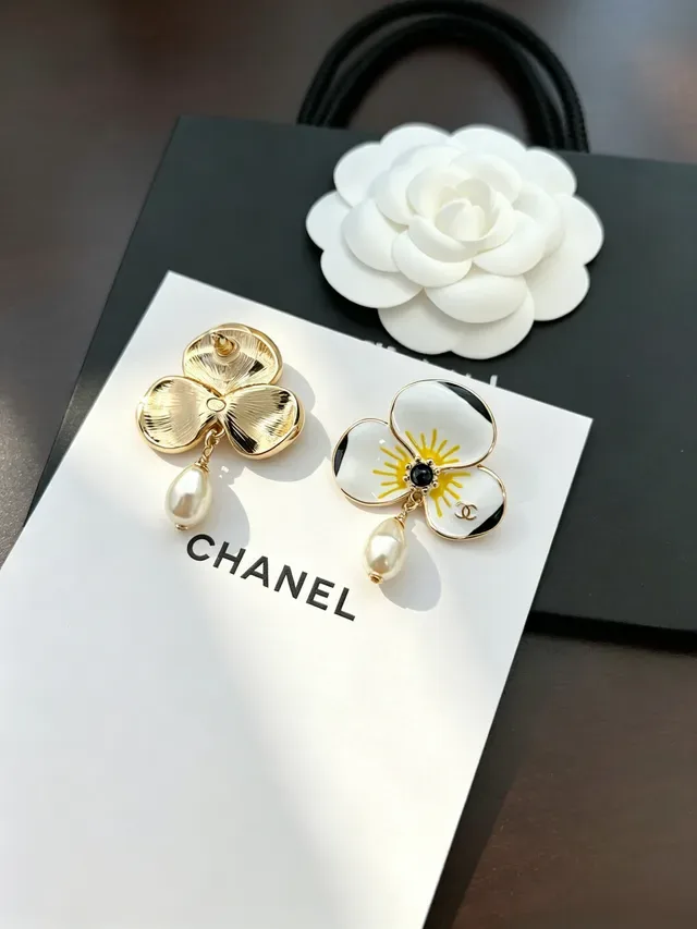 Chanel Floral Enamel and Pearl Drop Earrings 3