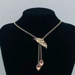 Chanel Gold Pink Chain Leaf-Shaped Pendant Necklace