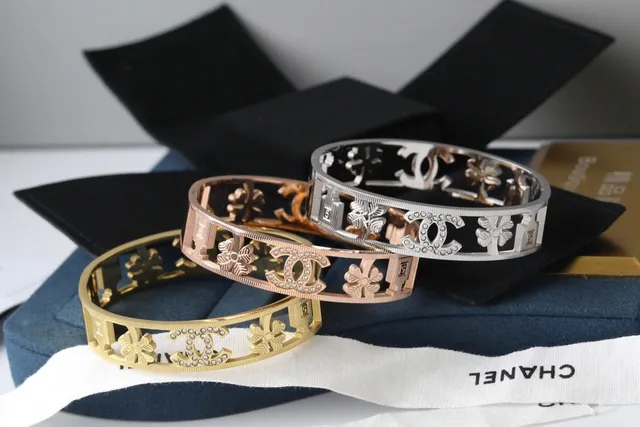 Chanel Gold Silver Rigid Wide Bangle Interlocking CC Logo Bracelet 2