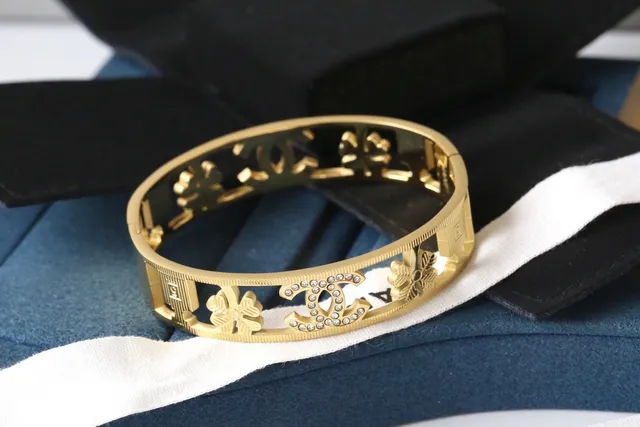 Chanel Gold Silver Rigid Wide Bangle Interlocking CC Logo Bracelet 3