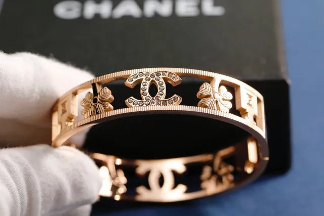 Chanel Gold Silver Rigid Wide Bangle Interlocking CC Logo Bracelet 6
